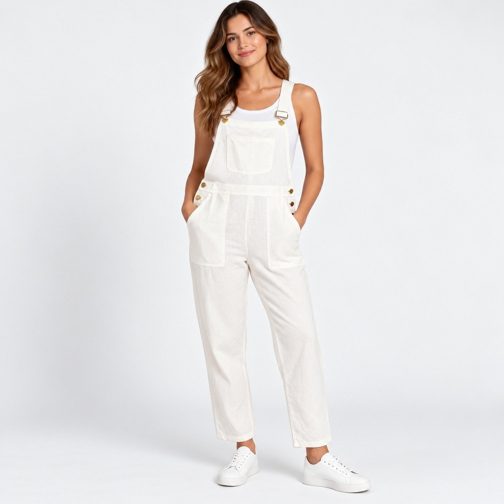 Stoney Clover Lane Overalls Women Large White Linen Blend Heart Gold Hardware